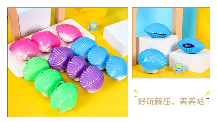 A collection of colorful mermaid shell squeeze toys in pink, purple, blue, and green are displayed on a yellow background.