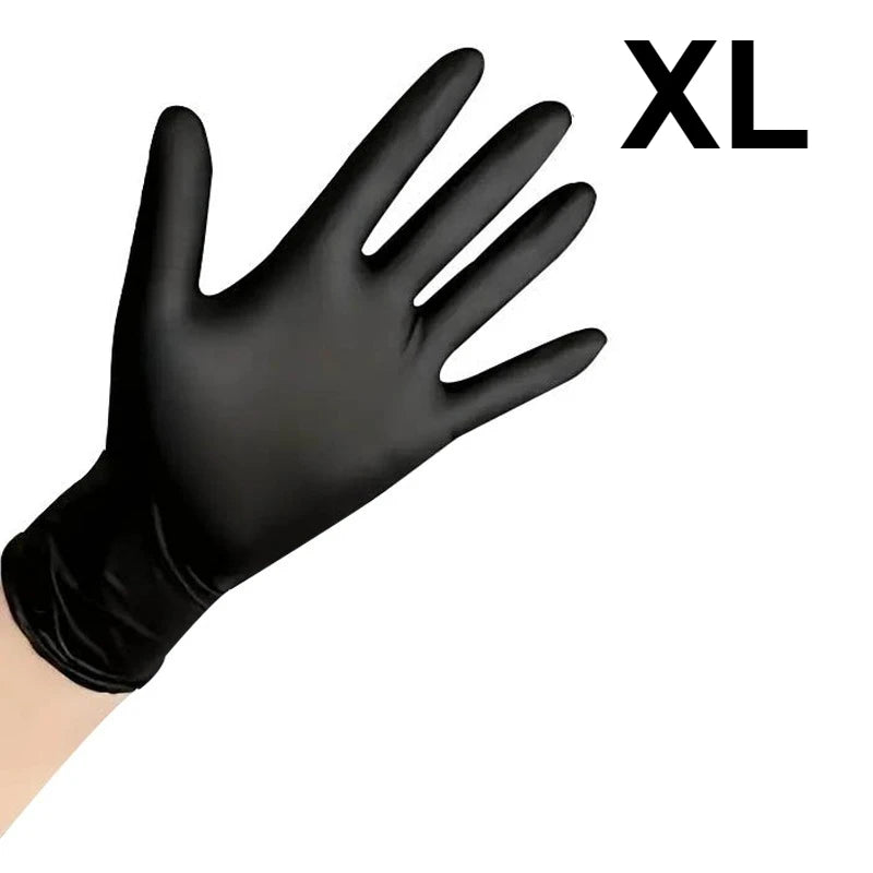 A hand wearing a black disposable nitrile glove, labeled XL, is shown against a white background.