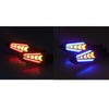 Two views of universal 12V motorcycle LED flowing turn signal indicators showing red and blue light patterns.