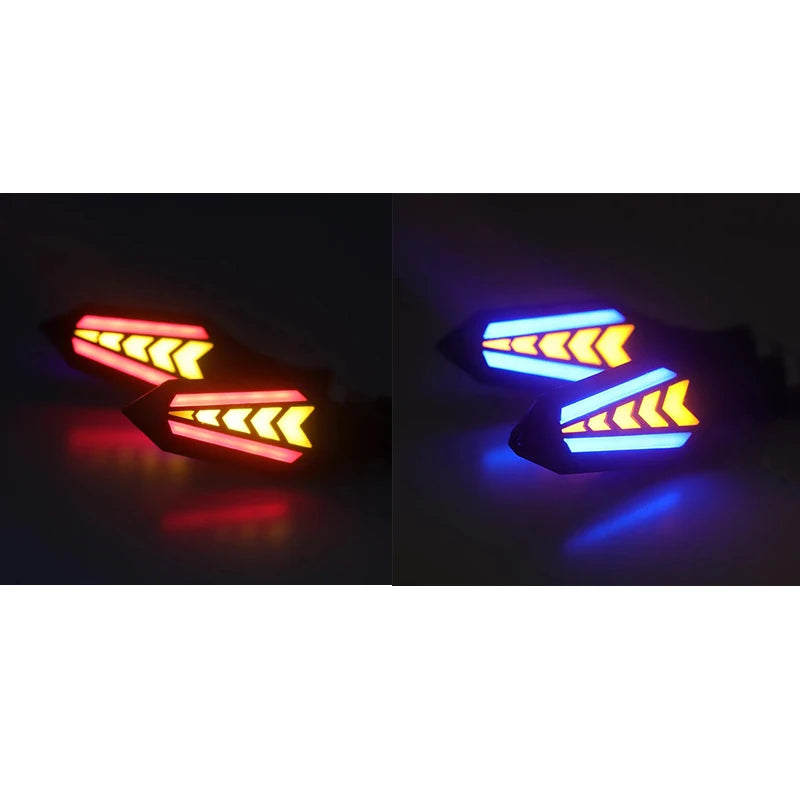 Two views of universal 12V motorcycle LED flowing turn signal indicators showing red and blue light patterns.