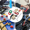 A collection of quick-release car battery terminal connectors and related tools used for automotive electrical work.