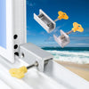 A close-up view of an aluminum alloy sliding window lock mechanism with a yellow security stopper and hex key.