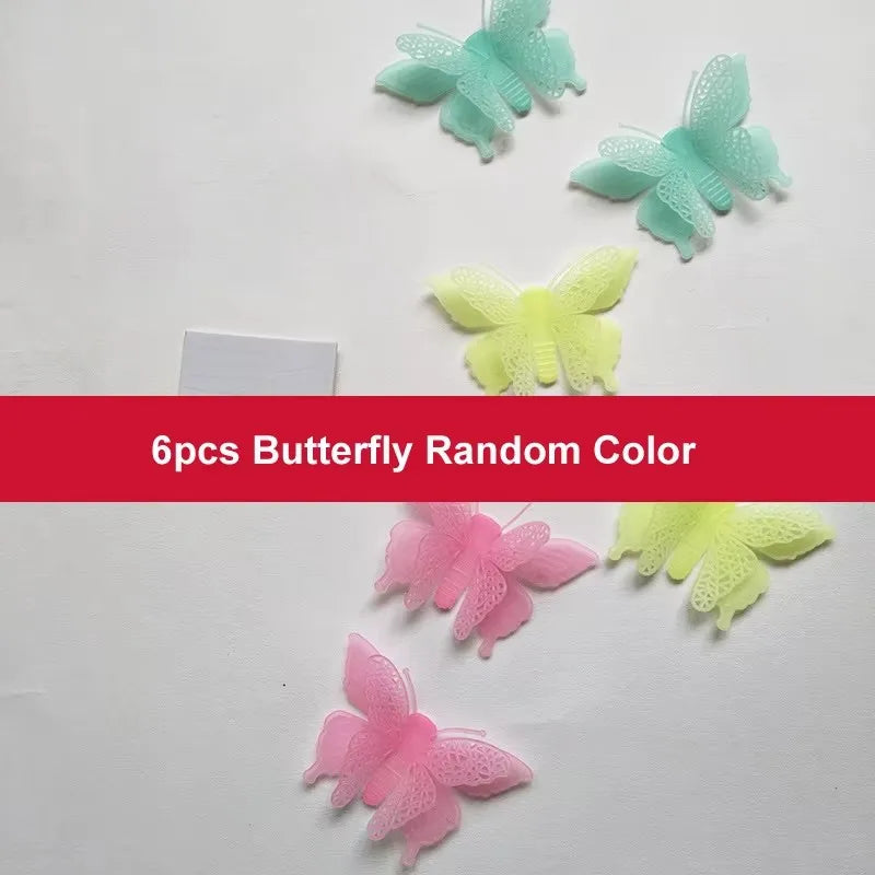 Six glow-in-the-dark butterfly wall stickers in various colors including mint green, light blue, yellow, and pink.