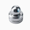 A polished silver metal desk spinner with a smooth, reflective ball top.