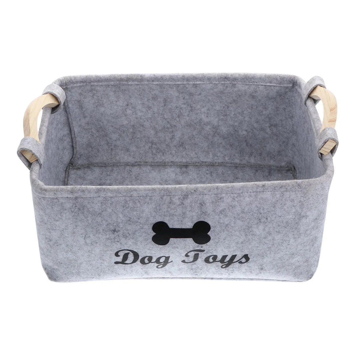 Gray felt pet toy storage basket with wooden handles and 'Dog Toys' text.