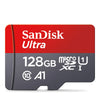 Red and gray SanDisk Ultra microSD card with 128GB capacity and A1 rating.