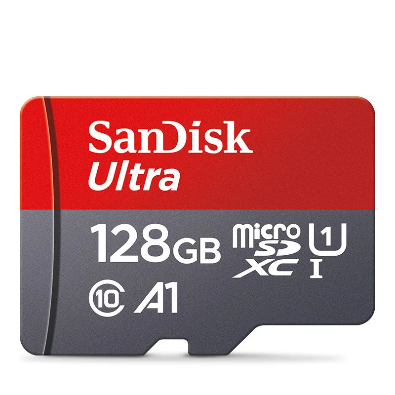 Red and gray SanDisk Ultra microSD card with 128GB capacity and A1 rating.