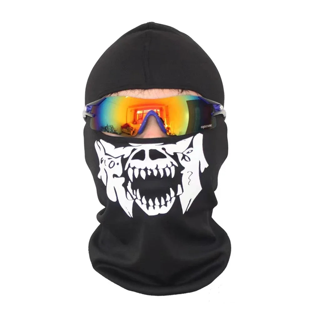 Black full face balaclava with a white skull print and mirrored orange-yellow visor