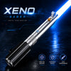 A silver lightsaber with a blue blade is displayed against a dark background, highlighting its design and features.