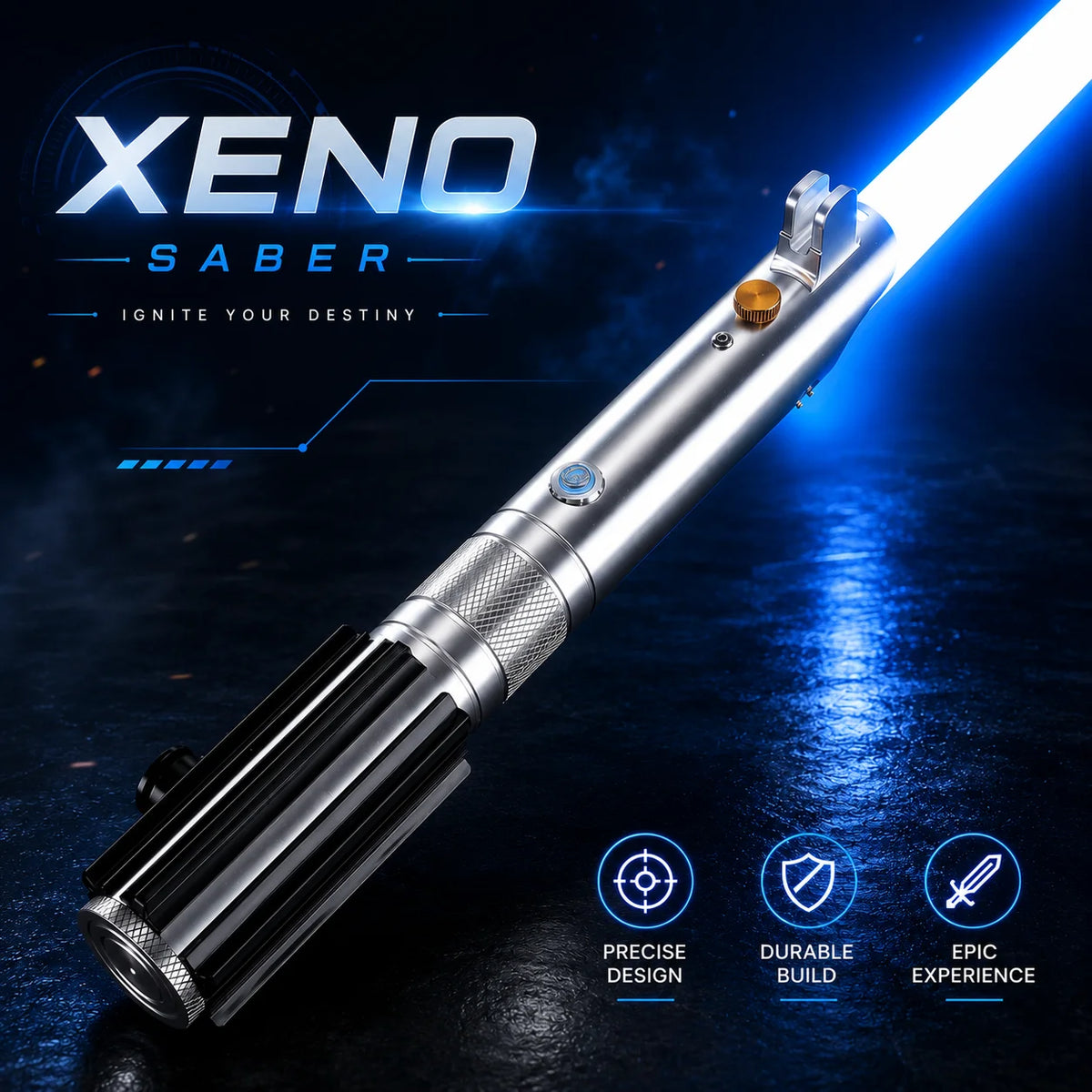 A silver lightsaber with a blue blade is displayed against a dark background, highlighting its design and features.