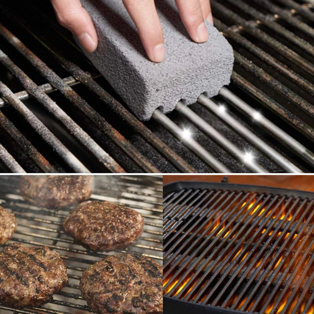 A hand is holding a gray pumice stone cleaning stick over a metal grate, with cooked meat patties visible in the background.