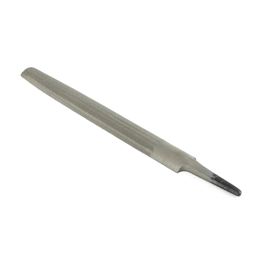 A silver 6-inch flat diamond file used for sharpening chainsaw chains.