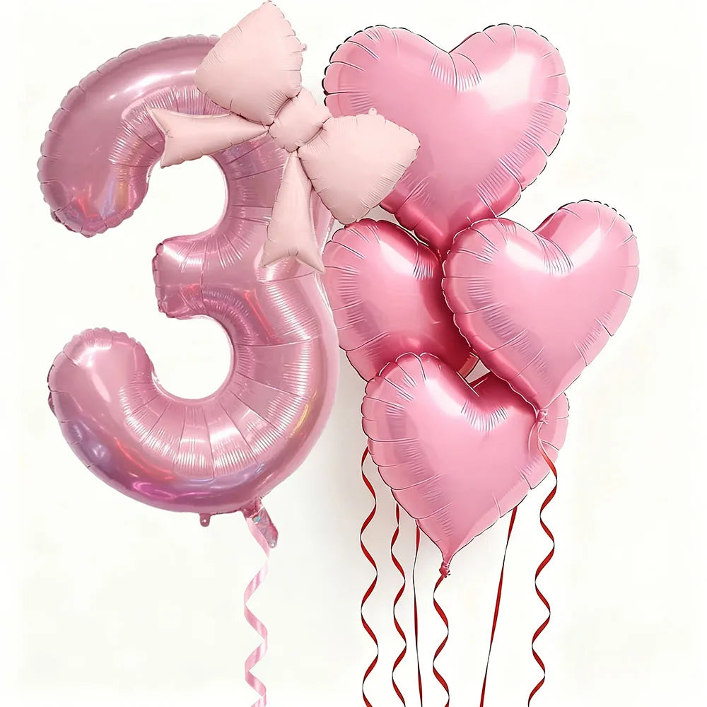 Pink Bow Heart and Number Foil Balloon Set for Celebrations