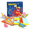 A box of origami craft kit with colorful paper sheets and a red octopus figure.