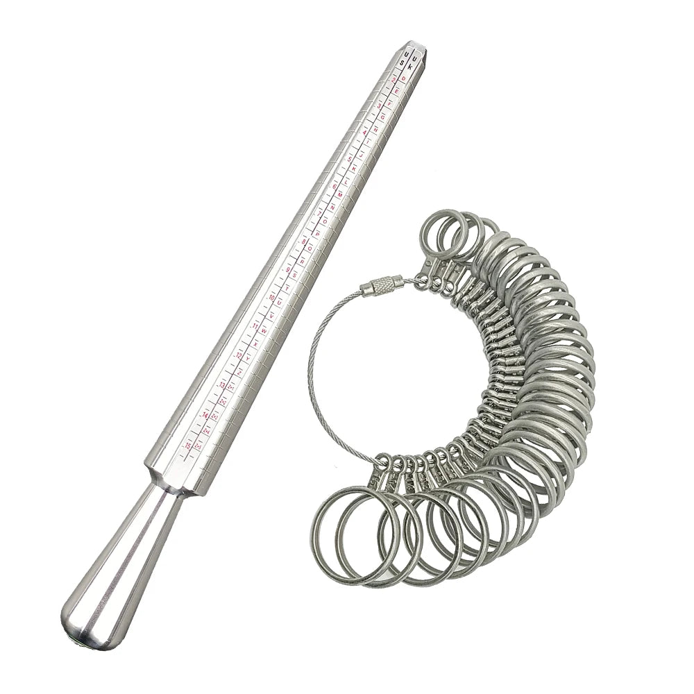 A metal ring sizing gauge with multi-size cones and a ruler for measuring rings.