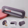 A purple clear waterproof travel makeup organizer pouch with a leather trim shown from the side and various angles.