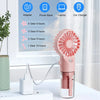 A pink portable USB rechargeable mist fan with a transparent container is shown next to various charging accessories.