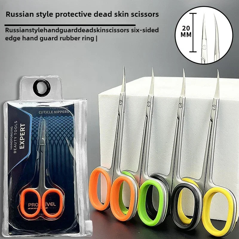 Set of six Russian style dead skin scissors with rubber rings and a protective case