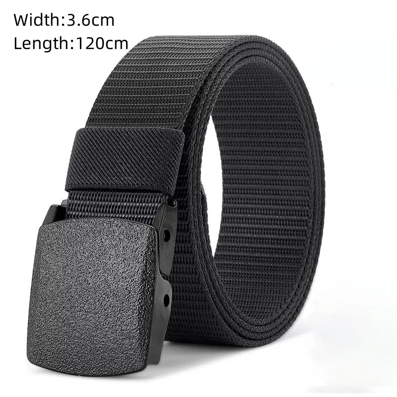 A black tactical nylon belt with a secure metal buckle shown from the side.