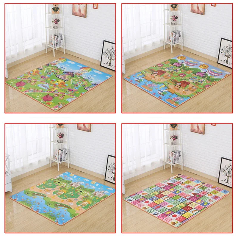 A colorful soft foam baby play mat featuring various animals and nature scenes on a wooden floor.