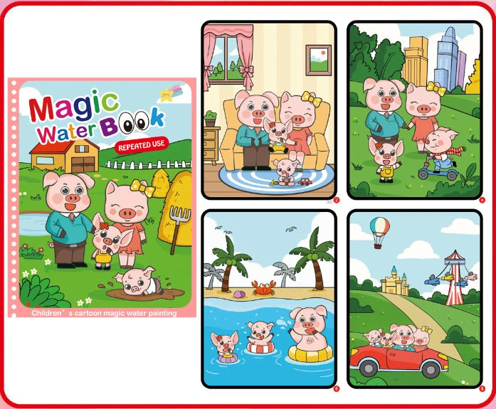 A set of reusable magic water drawing books featuring cartoon pigs and other animals.