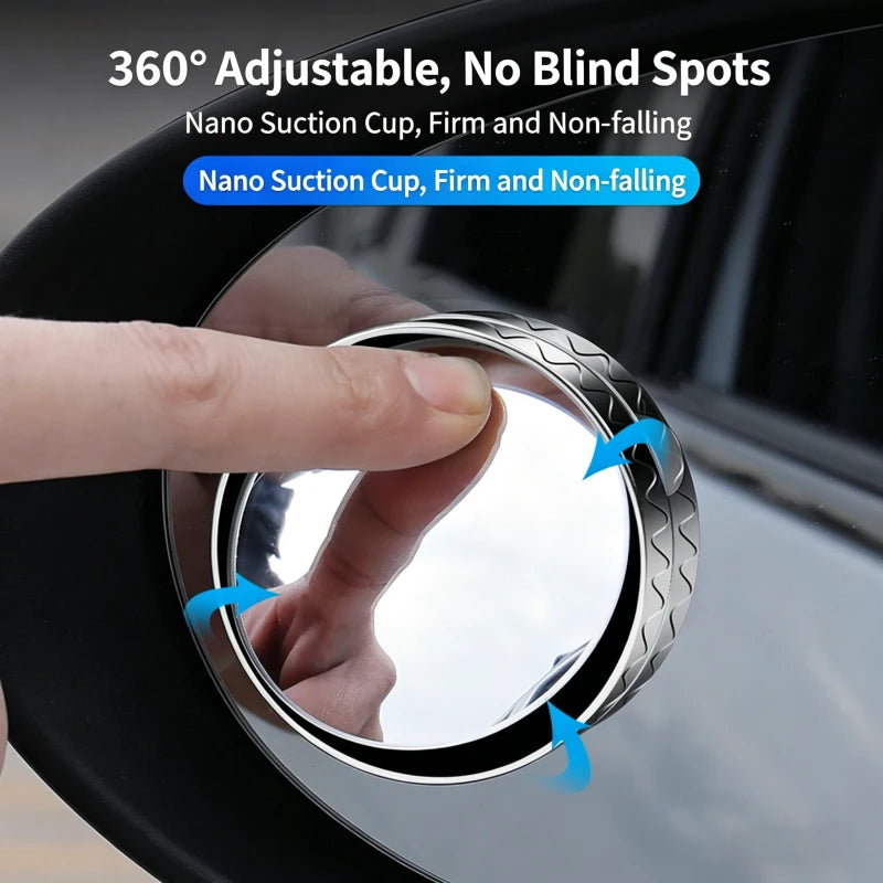 A hand is adjusting a 360° adjustable suction cup blind spot mirror on a car door.