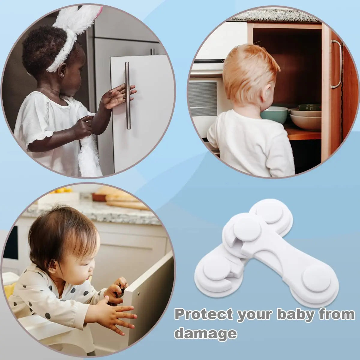 Close-up of adhesive baby proof cabinet locks used to secure drawers and cupboards for child safety.