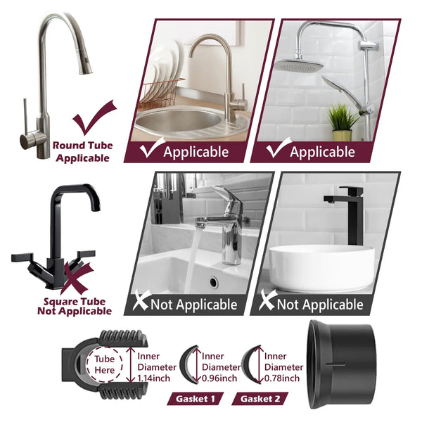 A set of round and square tube gaskets for an adjustable over-faucet kitchen sink organizer.