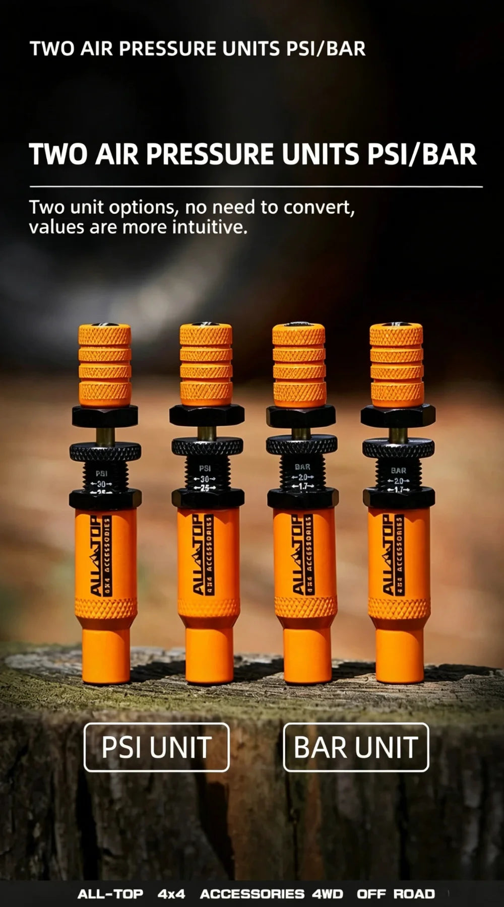 Four All-Top air pressure units in orange and black for PSI and BAR measurements.