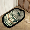 A black non-slip bathroom rug featuring a print of one hundred dollar bills on a light wood floor.