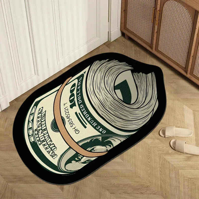 A black non-slip bathroom rug featuring a print of one hundred dollar bills on a light wood floor.