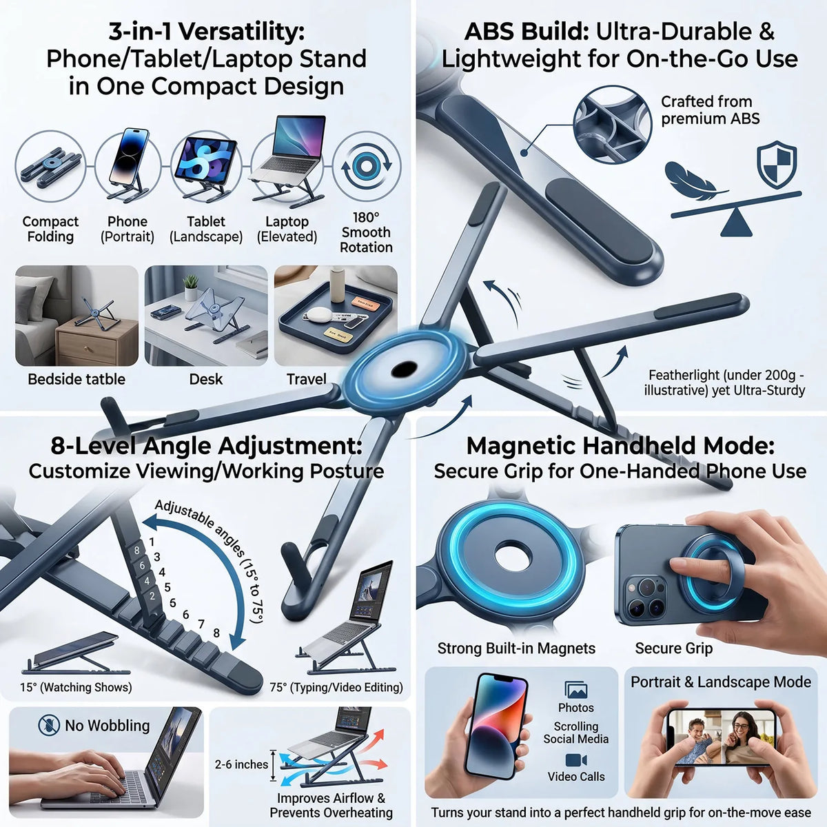 Foldable Magnetic Laptop Stand with Adjustable Height and Heat Dissipation