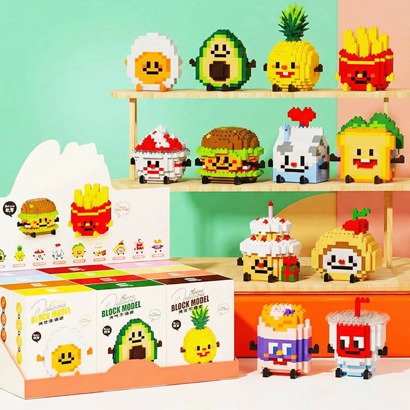 A set of cute micro building blocks featuring various food-themed figurines like a pineapple, a burger, and a lemon face.