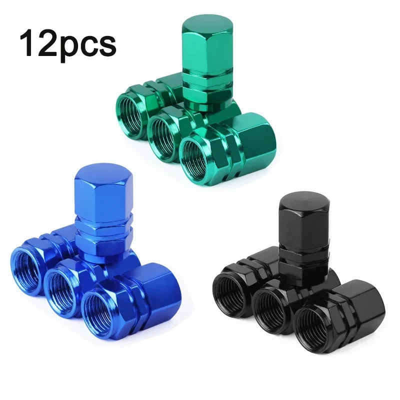 A set of 12 metal valve caps in green, blue, and black finishes for wheels and tires.
