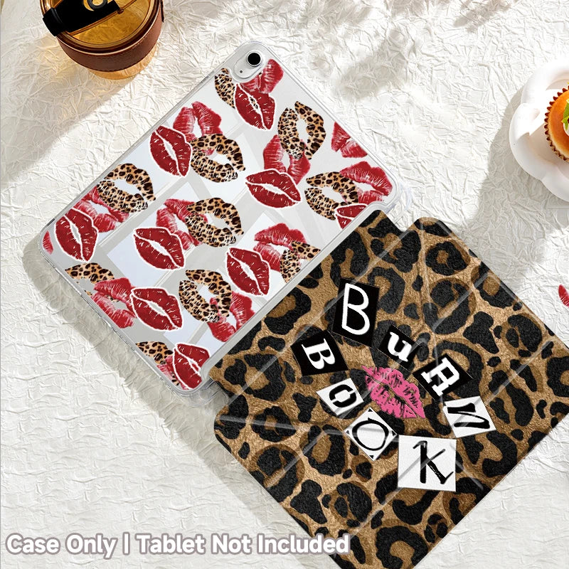 A clear tri-fold iPad case with a leopard print cover and a pink rose design is shown on a white surface.