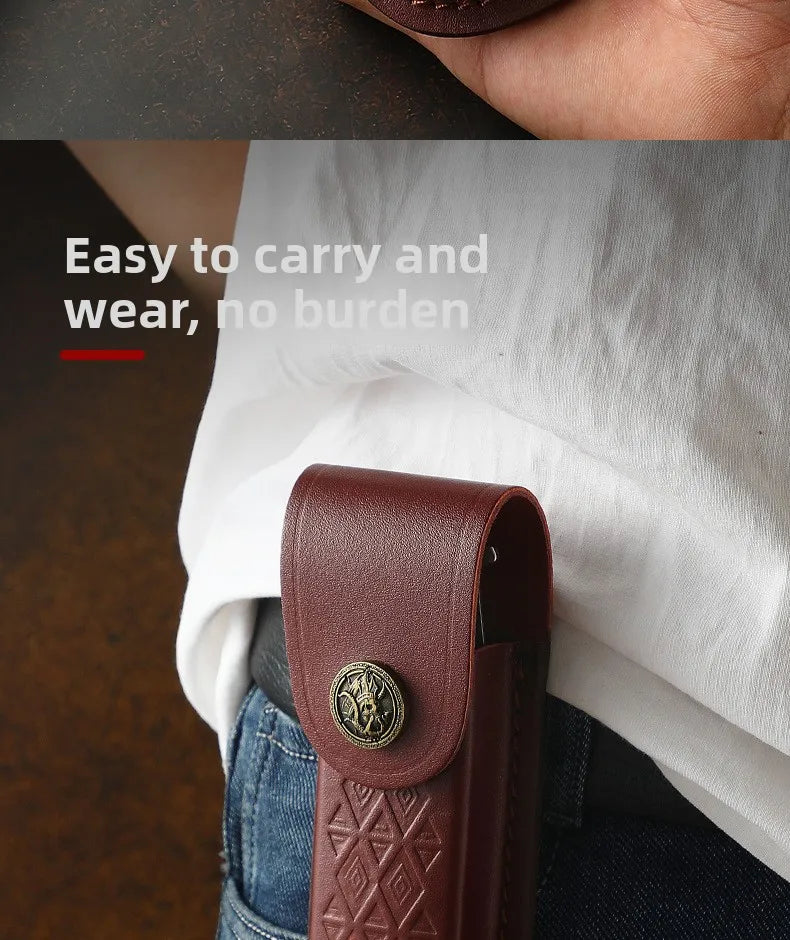 A brown leather folding knife case is shown being carried in a white shirt and denim jeans.