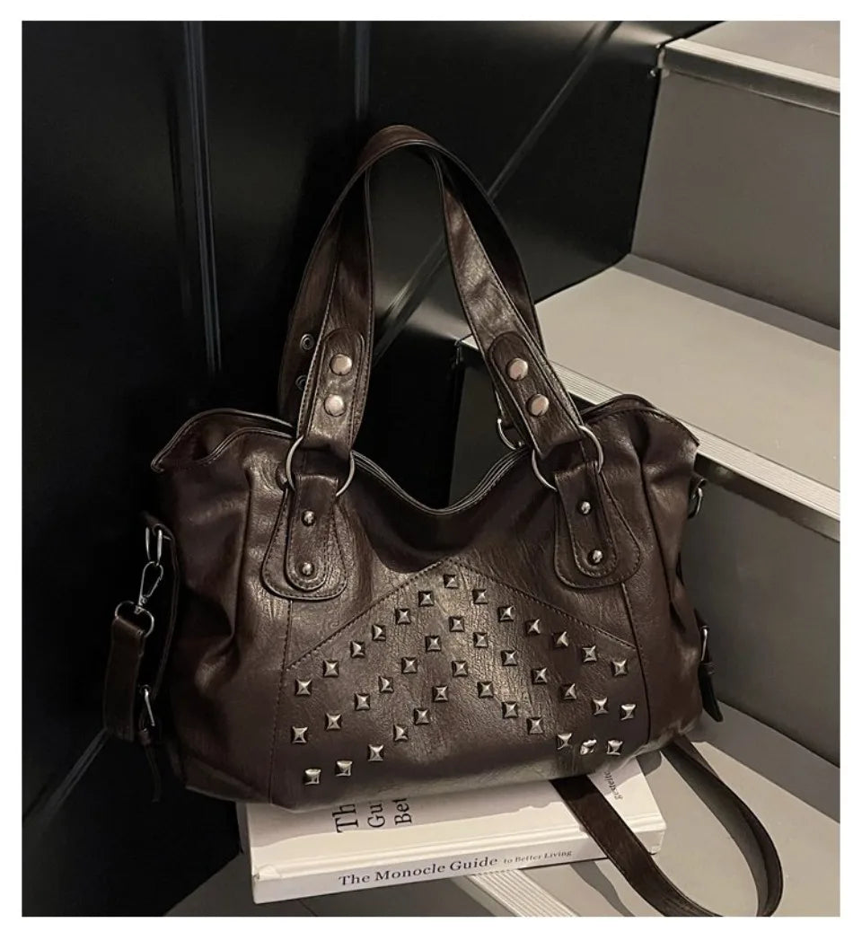 Rivet Punk Large Capacity Tote Bag with Adjustable Crossbody Strap