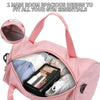 A pink nylon gym bag with an adjustable strap is shown open, revealing compartments for gym essentials like shoes and accesso