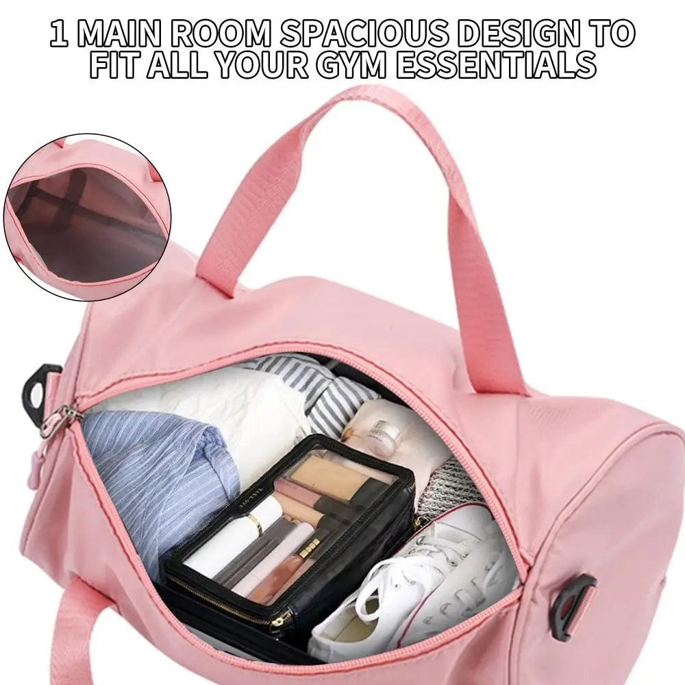 A pink nylon gym bag with an adjustable strap is shown open, revealing compartments for gym essentials like shoes and accesso