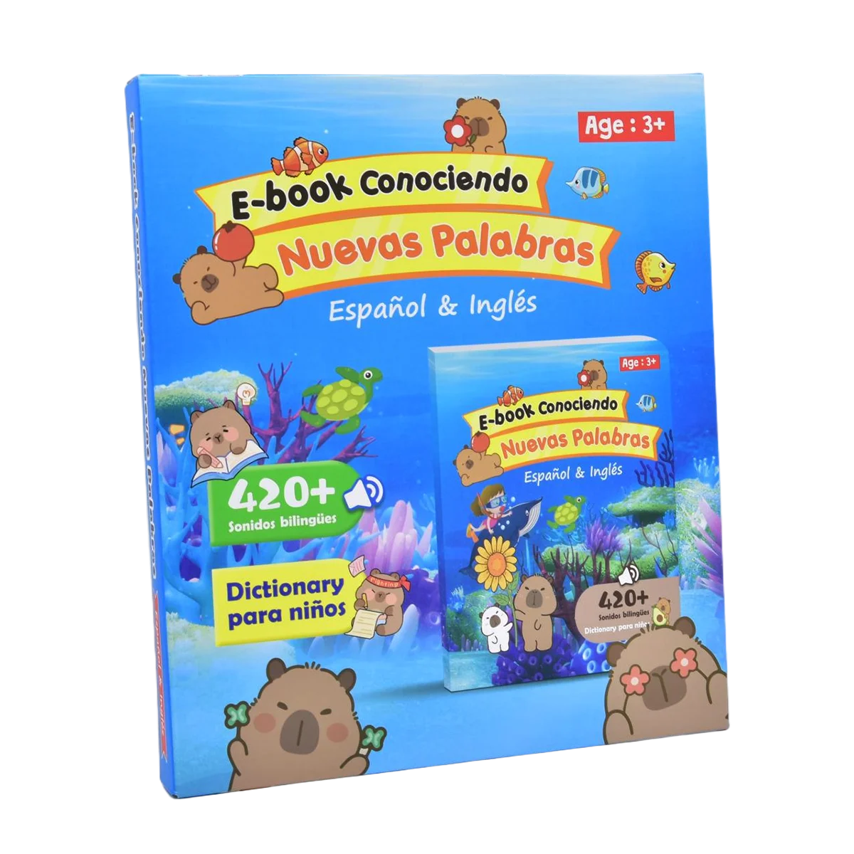 An E-book titled Conociendo Nuevas Palabras in Spanish & Inglés for ages 3+, featuring cute animal characters.