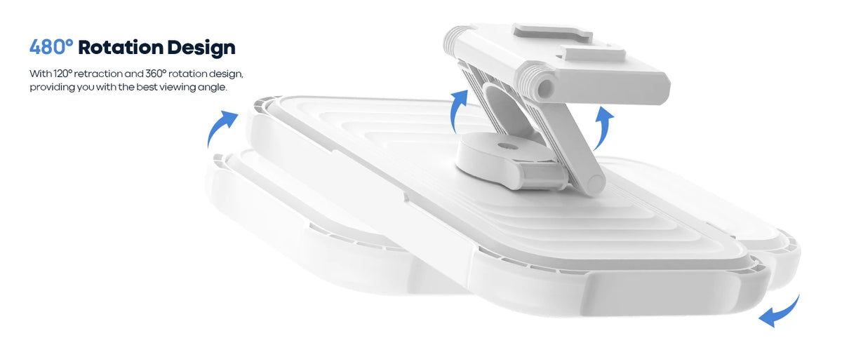 A white waterproof shower phone holder demonstrating 480° rotation and retraction design.