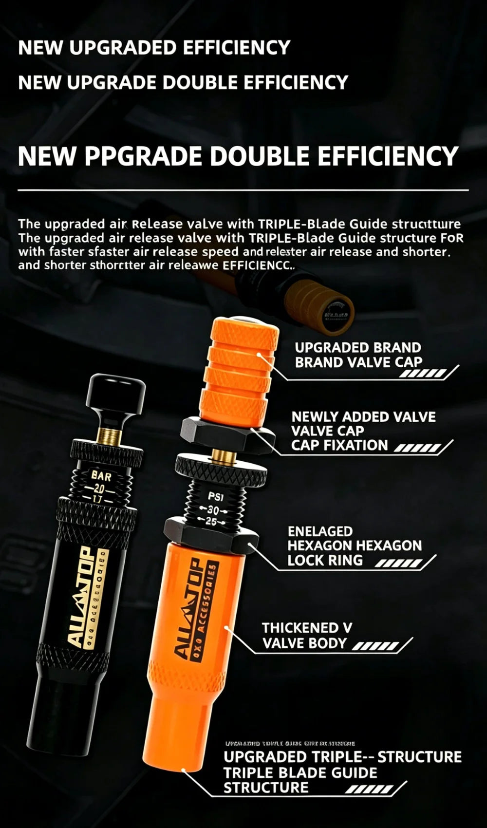 Orange and black air release valve kit with upgraded triple-blade guide structure for tire deflation