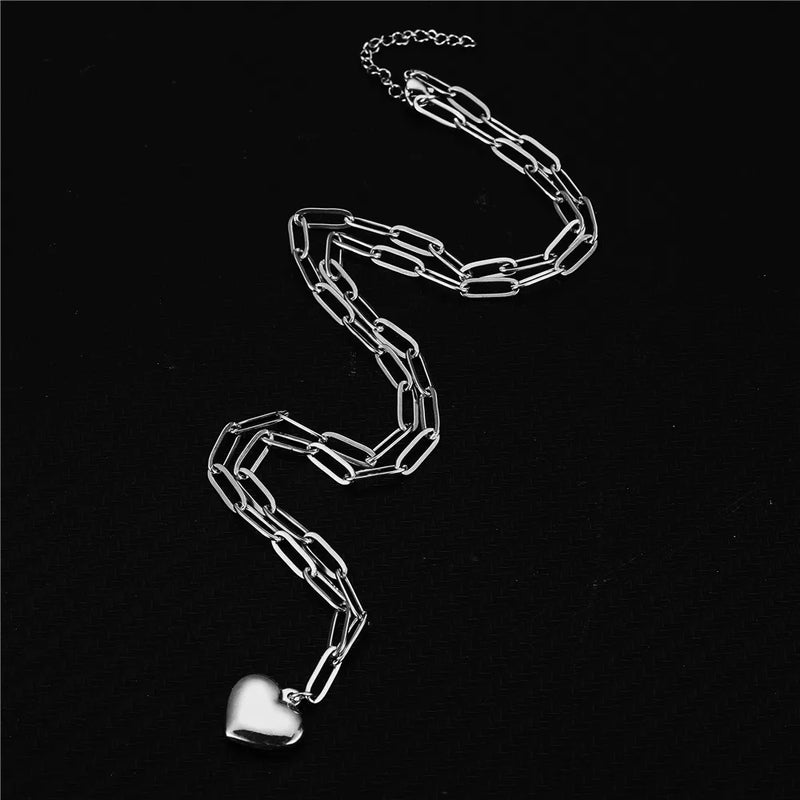 Stainless Steel Paperclip Chain Heart Pendant Necklace