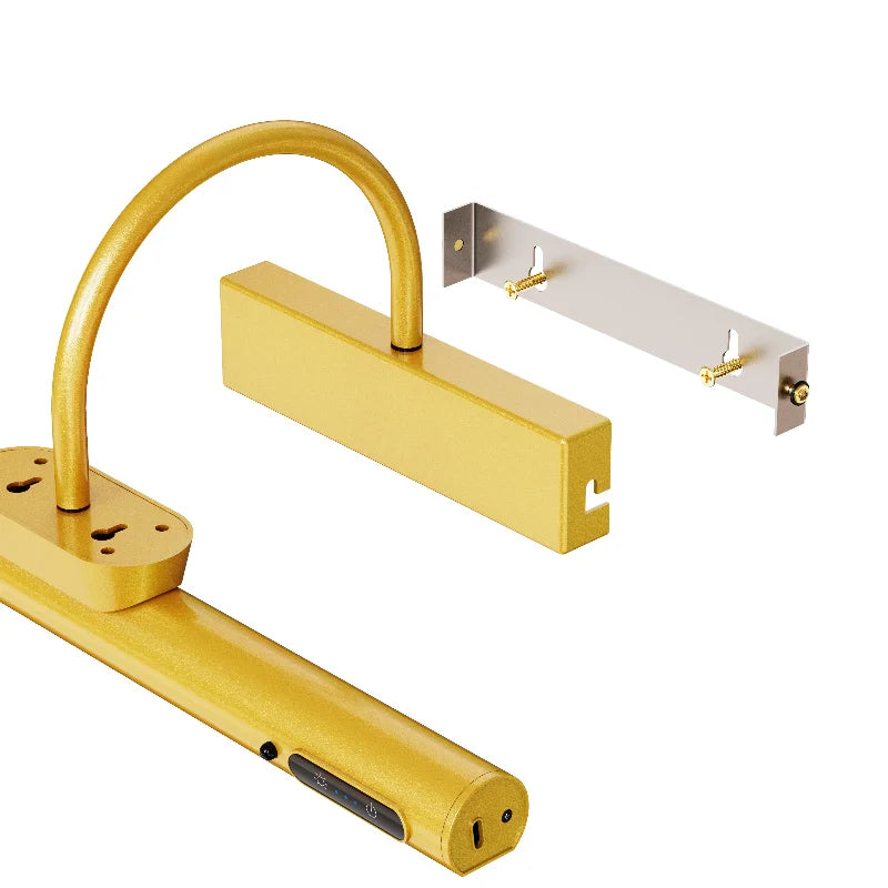 A brass-colored cordless rechargeable picture light fixture with an adjustable arm and mounting bracket.