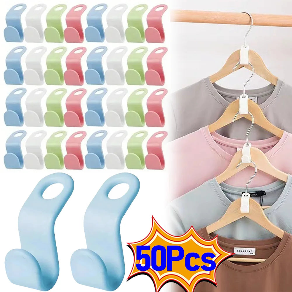 Set of 50 space-saving cascading hanger connector hooks in various pastel colors and shades