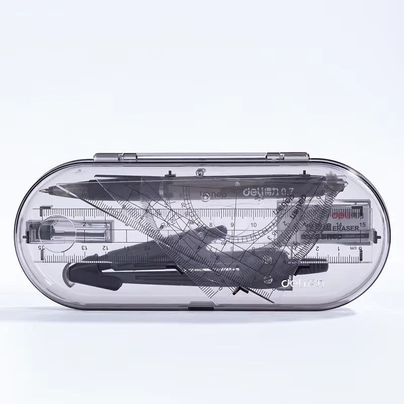 A clear plastic case containing an 8-piece geometry drafting set with a compass and ruler.