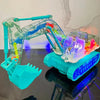 A transparent teal gear excavator toy with LED lights is shown on a dark surface.