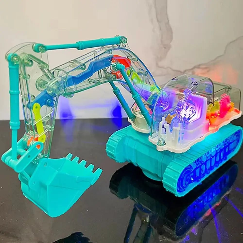 A transparent teal gear excavator toy with LED lights is shown on a dark surface.