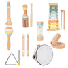 A set of wooden percussion instruments including a mallet, drumsticks, and a tambourine.