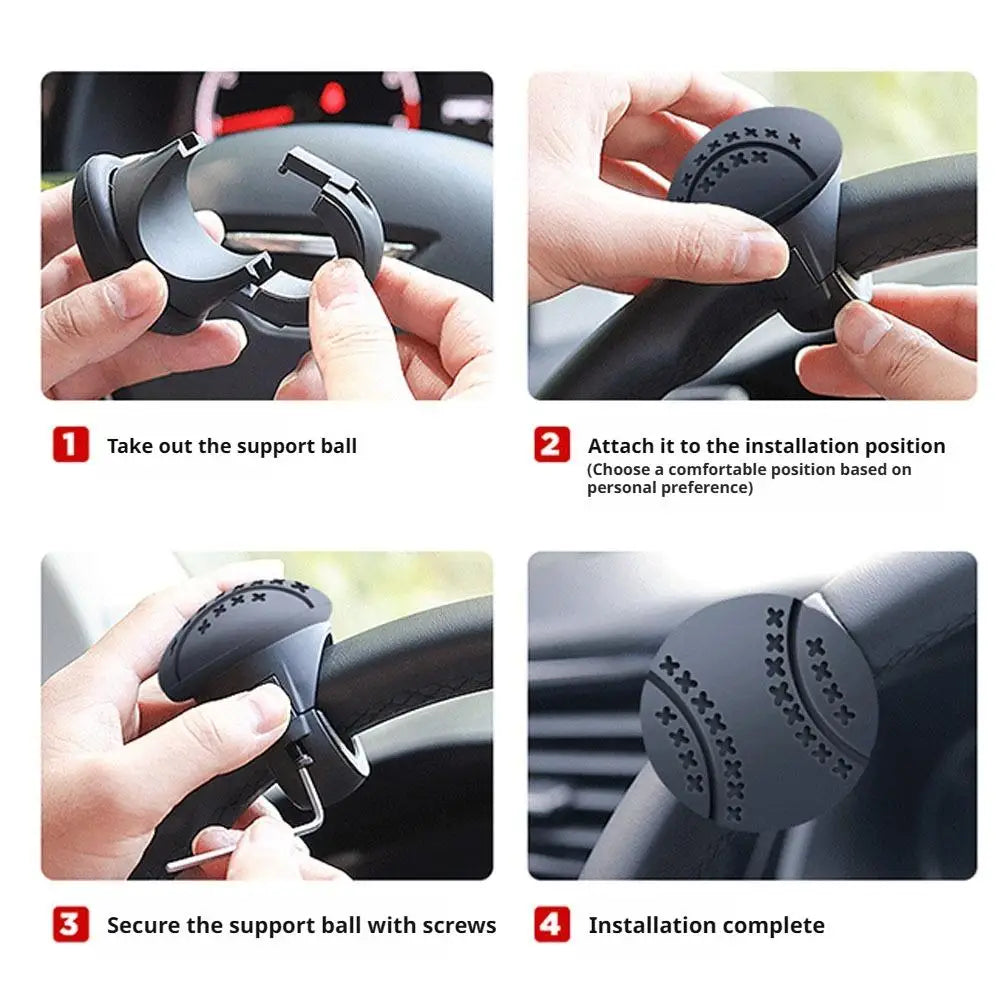 Instructions showing how to attach a 360 degree steering wheel knob for one-hand control using screws.